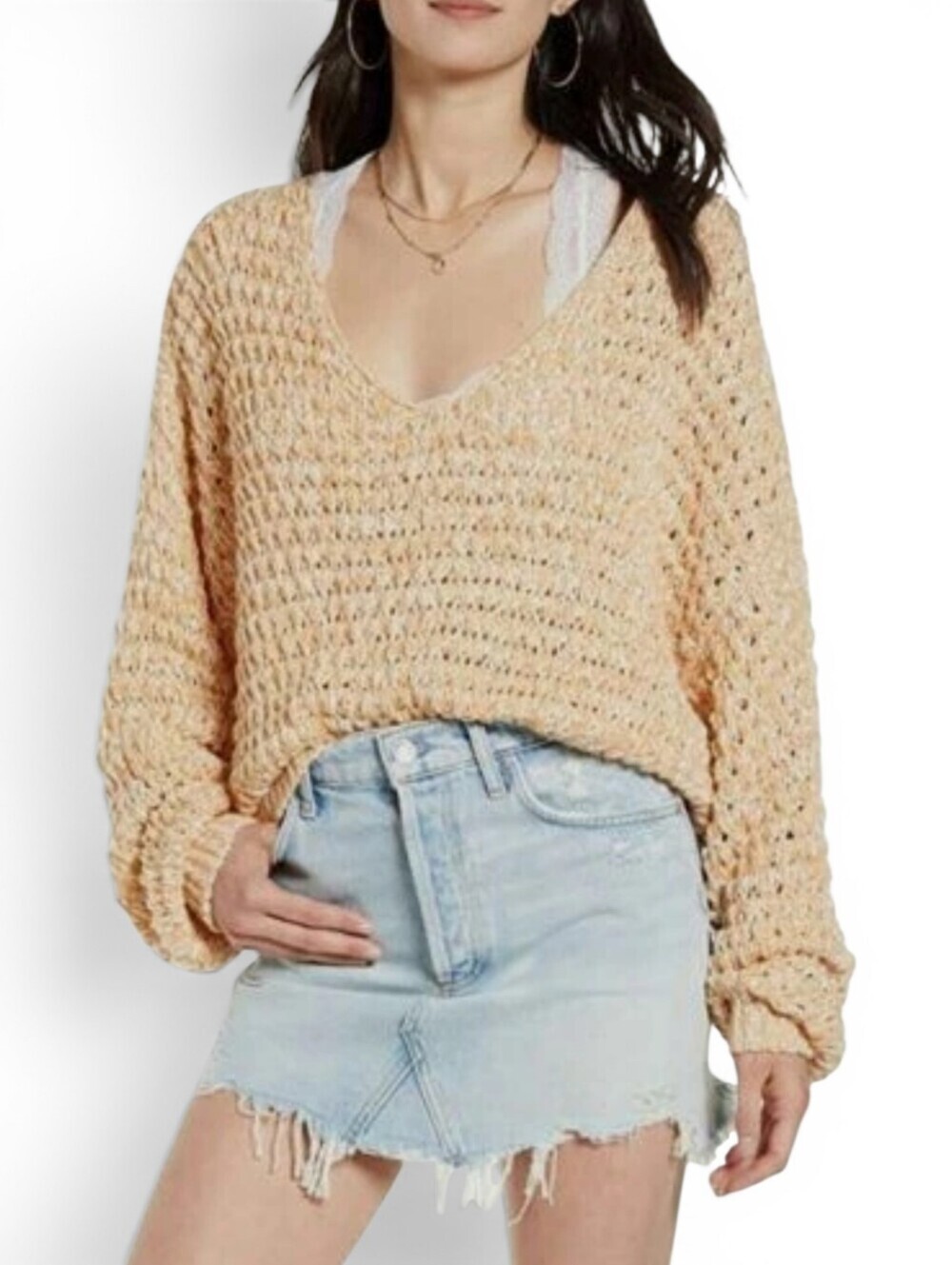 Free People Coconut V Neck Cotton Blend Sweater In Sandy Combo Size XL